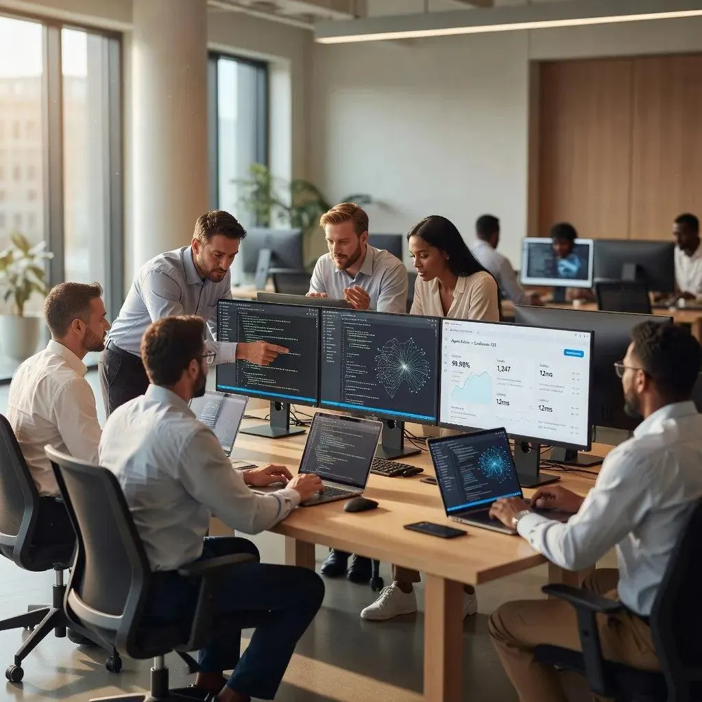 Equipe analisando em conjunto telas de um sistema durante o trabalho
