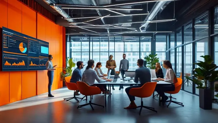 Equipe reunida analisando indicadores em um painel